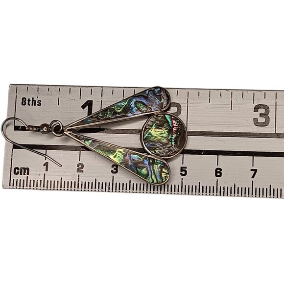 Vintage Alpaca Mexico Silver Abalone Mother of Pearl Pierced Earrings Fan Shaped - Picture 7 of 8